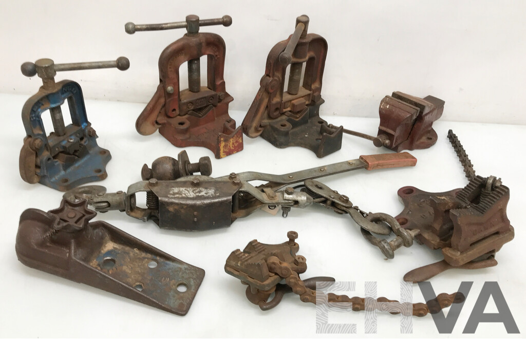 Assorted Vintage Vises, Pulley, and More