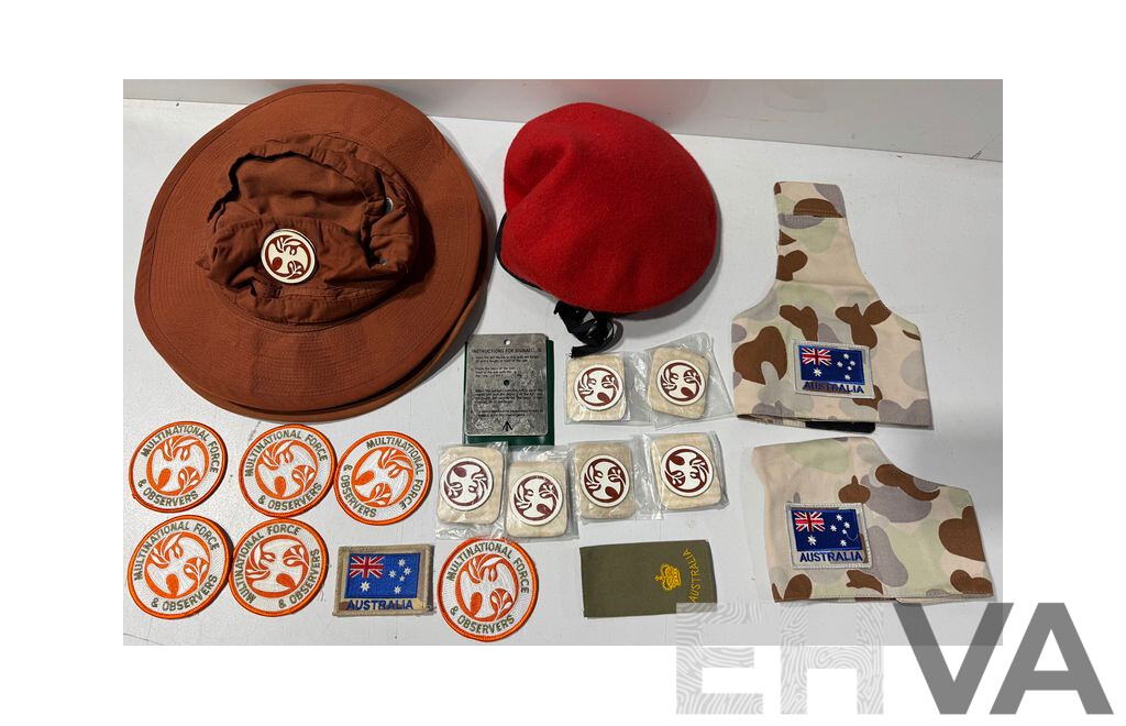 Collection Military Cloth Patches for Multinational Force & Observers, Six Enamel Pin Examples, Arm Patches, Beret, Hats and More