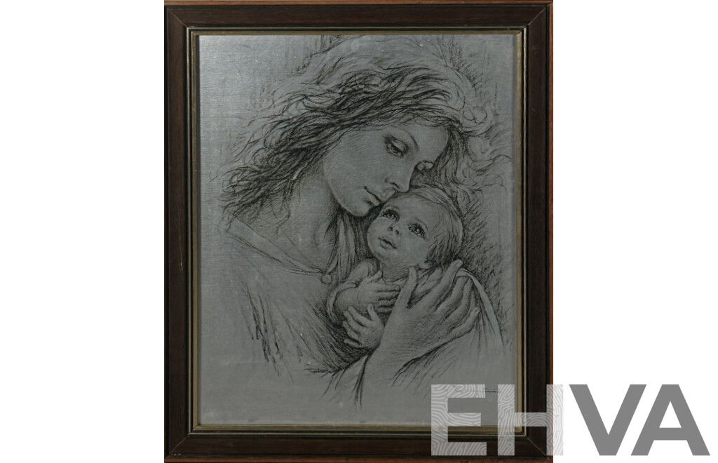 Giuseppe Tarantino (20th Century, Italian, 1916-1999), Mother and Child, Original Vintage Lithograph Print on Silver Paper, 56 x 46 cm (frame)