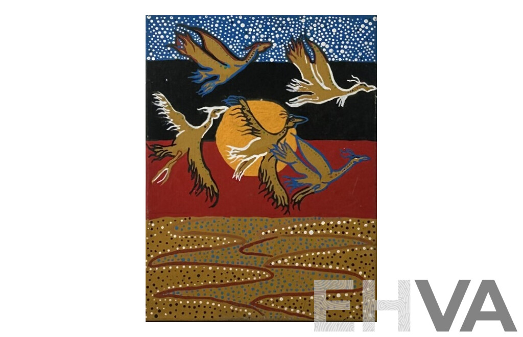 Nayo Ako, (20th Century, Indigenous-Australian), Brolgas Over Setting Sun, Original Acrylic on Stretched Canvas, 40 x 30 cm