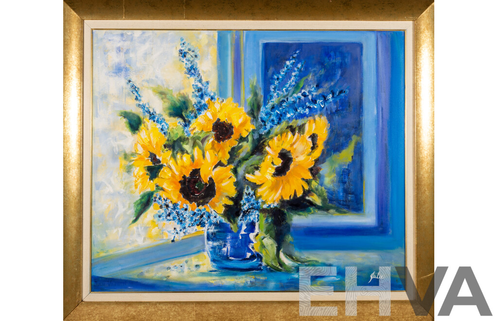 Julie Viljoen, (20th Century, South African), Still Life - Sunflower Posy in Blue Vase, Original Oil on Canvas, 93 x 107 cm (frame)