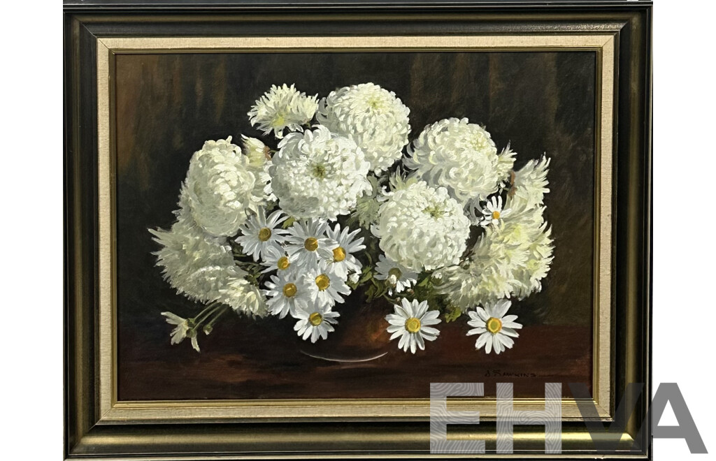 Jessie B. Sawkins, (20th Century, Australian), White Chrysanthemums (1978), Oil on Canvas, 58 x 73 cm (frame)