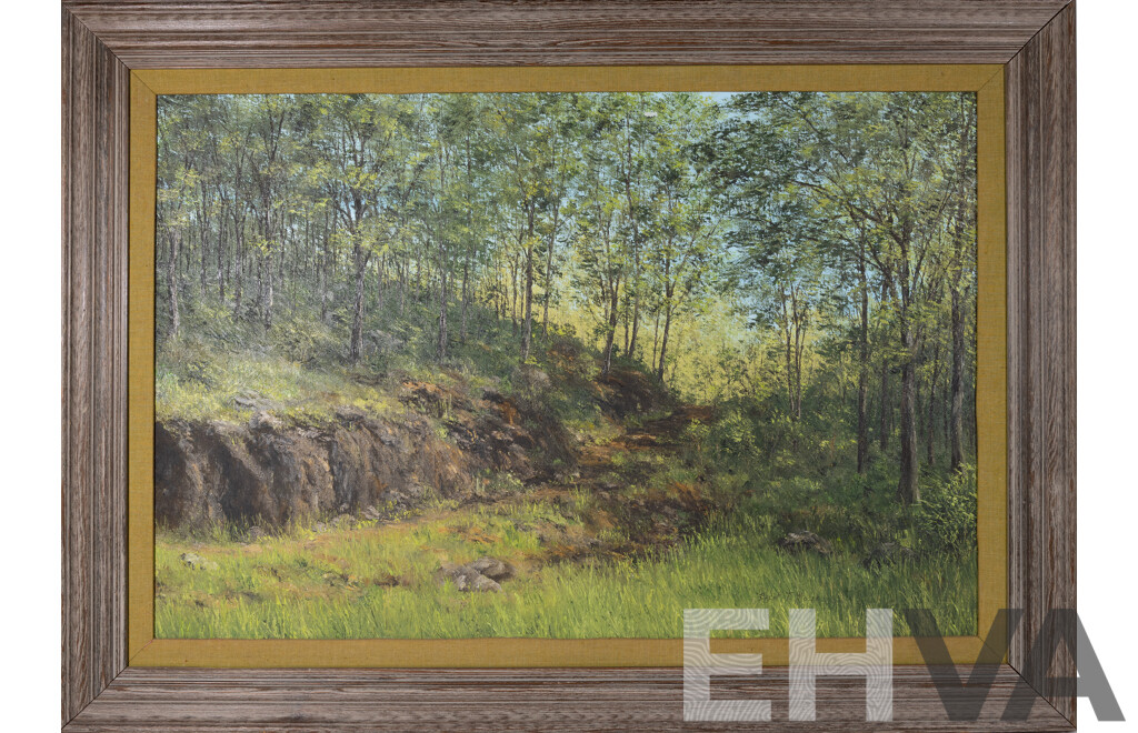 Brent Thomas Moser, (20th Century, American), Secluded Forest Path (cLate 1960s) Vintage Acrylic on Canvas, 79 x 109 cm (frame)
