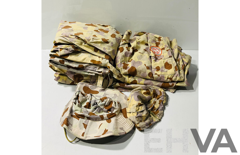 Collection of Military Clothing Including Hats, Shirts and Pants with Including Some with Patches in Desert Camo