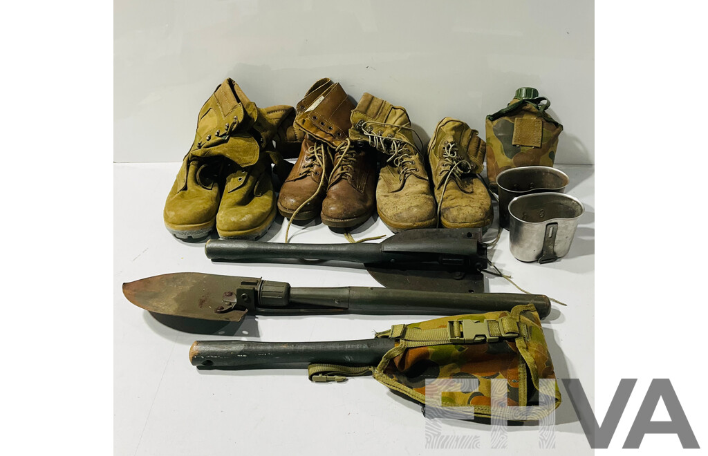 Collection of Military Gear Including Folding Shovels, Boots, Canteen and More