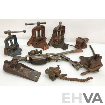 Assorted Vintage Vises, Pulley, and More