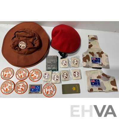 Collection Military Cloth Patches for Multinational Force & Observers, Six Enamel Pin Examples, Arm Patches, Beret, Hats and More