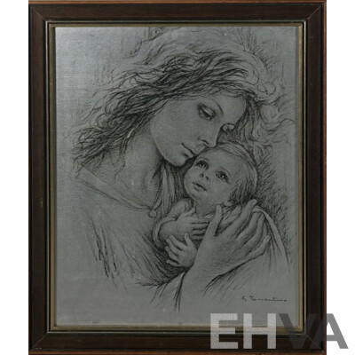 Giuseppe Tarantino (20th Century, Italian, 1916-1999), Mother and Child, Original Vintage Lithograph Print on Silver Paper, 56 x 46 cm (frame)