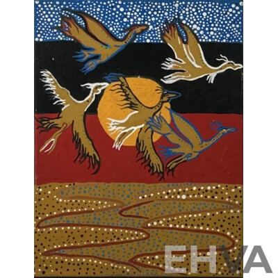 Nayo Ako, (20th Century, Indigenous-Australian), Brolgas Over Setting Sun, Original Acrylic on Stretched Canvas, 40 x 30 cm