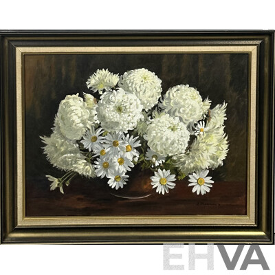 Jessie B. Sawkins, (20th Century, Australian), White Chrysanthemums (1978), Oil on Canvas, 58 x 73 cm (frame)