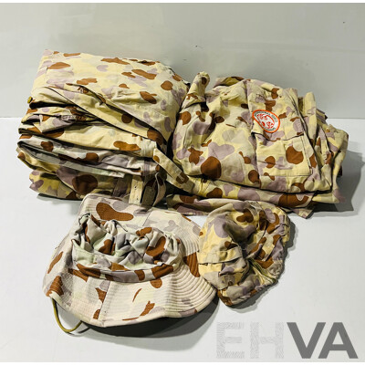 Collection of Military Clothing Including Hats, Shirts and Pants with Including Some with Patches in Desert Camo