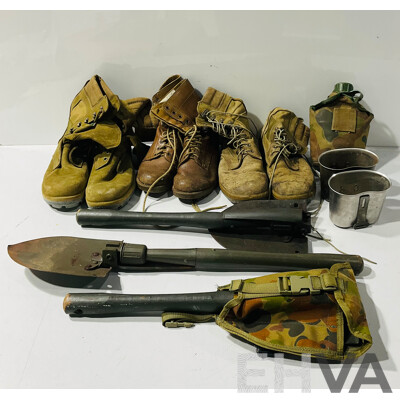 Collection of Military Gear Including Folding Shovels, Boots, Canteen and More