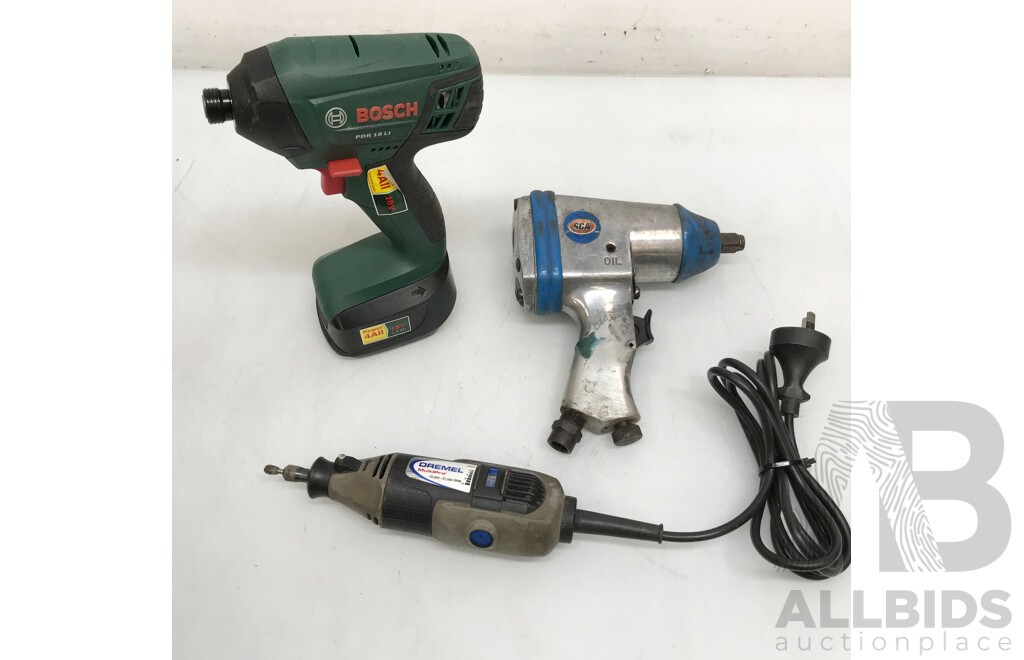 Bosch Cordless Impact Driver, SCA Air Tool Kit, and Dremel Multi Pro Rotary Tool - Lot of 3