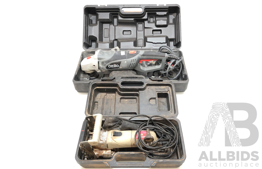 Ozito 850 Watt Biscuit Joiner, Ozito 230mm Angle Grinder and Ozito Welding Mask