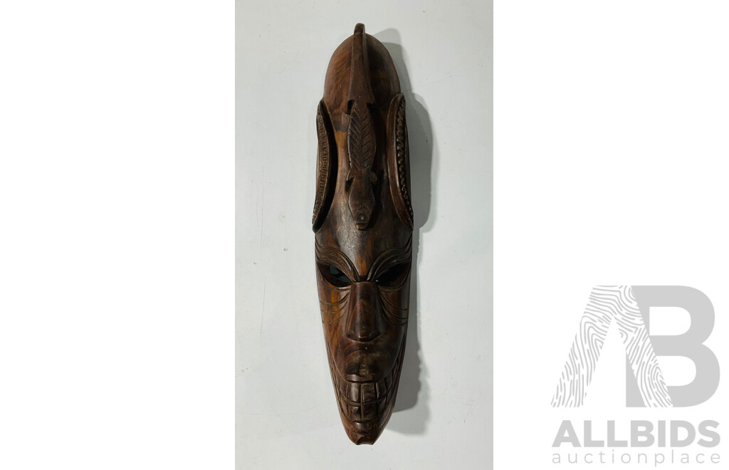 Hand Craved Tribal Oceanic Hard Wood Mask with Lizard Motif to Forehead