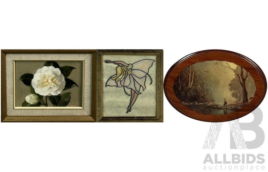 Artists Unknown (Exact Dates Unknown), Anemones, Fairy & White Rose, Trio of Vintage Mixed Media, Photograph of Sketch & Oil on Canvas, 29 x 24 cm (largest frame) (3)
