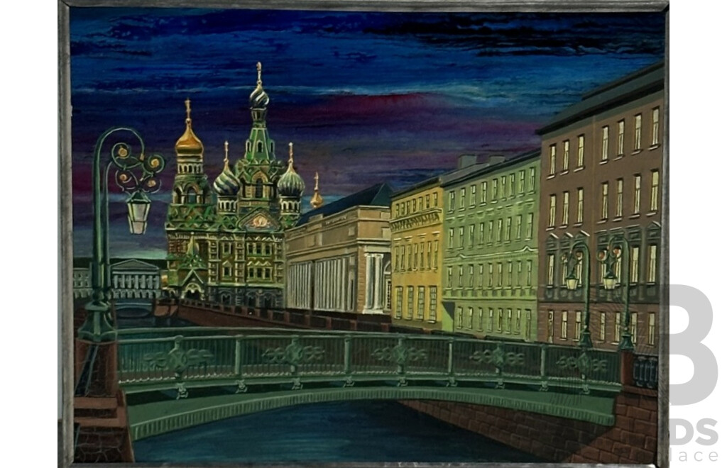 Artists Unknown (Exact Dates Unknown), Foil Tree, St Petersburg & Bushman Gathering Water, Trio of Vintage Mixed Media Landscapes & City Scape, 31 x 41 cm (largest frame) (3)