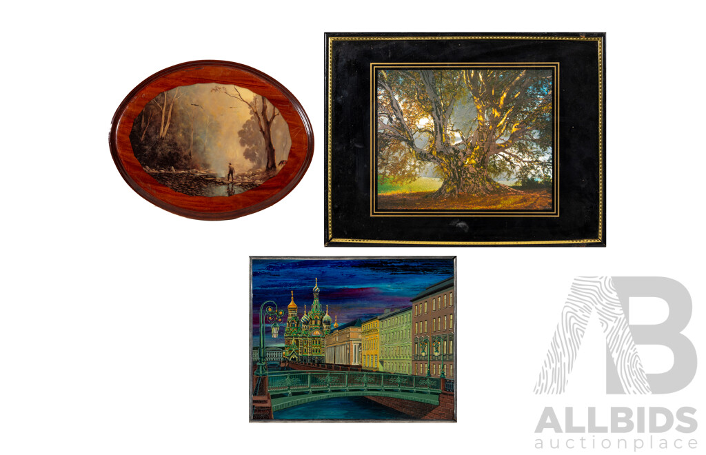 Artists Unknown (Exact Dates Unknown), Foil Tree, St Petersburg & Bushman Gathering Water, Trio of Vintage Mixed Media Landscapes & City Scape, 31 x 41 cm (largest frame) (3)