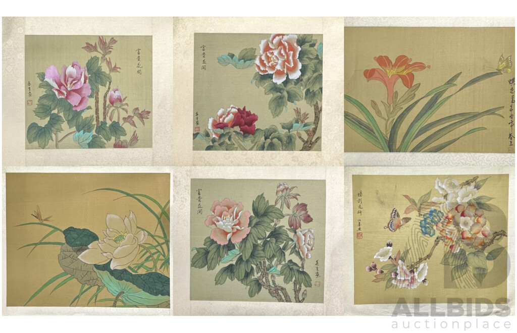 Assorted Art Works in Folder Including Six Chinese Watercolour & Ink Wash on Silk Panels (Unframed), Russian Charcoal Portrait, German Etching and More!
