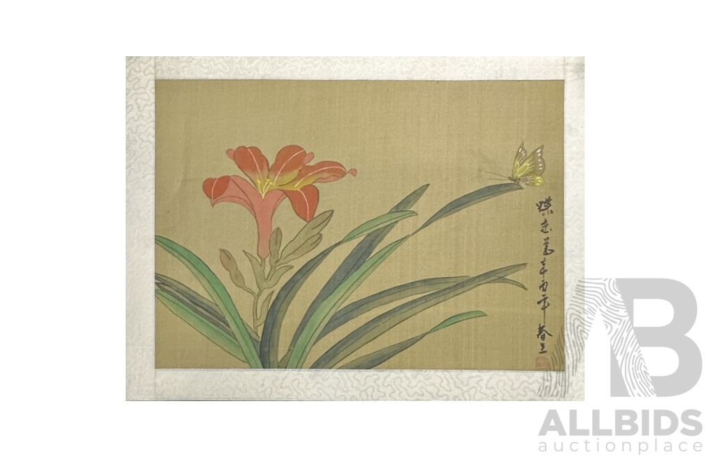Assorted Art Works in Folder Including Six Chinese Watercolour & Ink Wash on Silk Panels (Unframed), Russian Charcoal Portrait, German Etching and More!