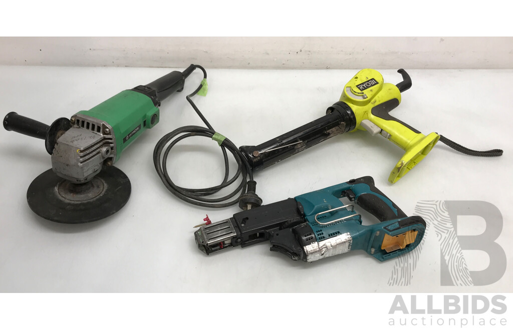 Makita Mobile Autofeed Screwdriver, Ryobi One + Caulking Gun Tool, and Hitachi Corded Disc Sander Polisher - Lot of 3