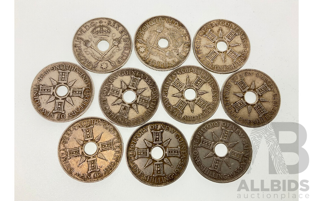 Ten Territory of New Guinea Silver Shillings, Examples Spanning 1935 to 1945  .925