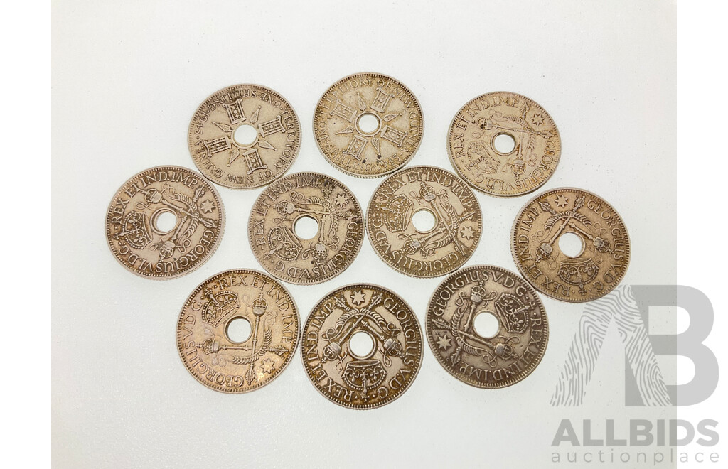 Ten Territory of New Guinea Silver Shillings, Examples Spanning 1935 to 1945  .925