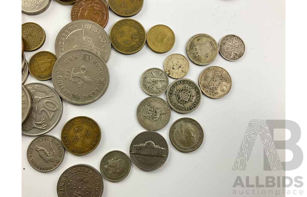 Collection of International Coins Including Hong Kong, USA, Euro, PNG New Zealand, Some Silver Examples