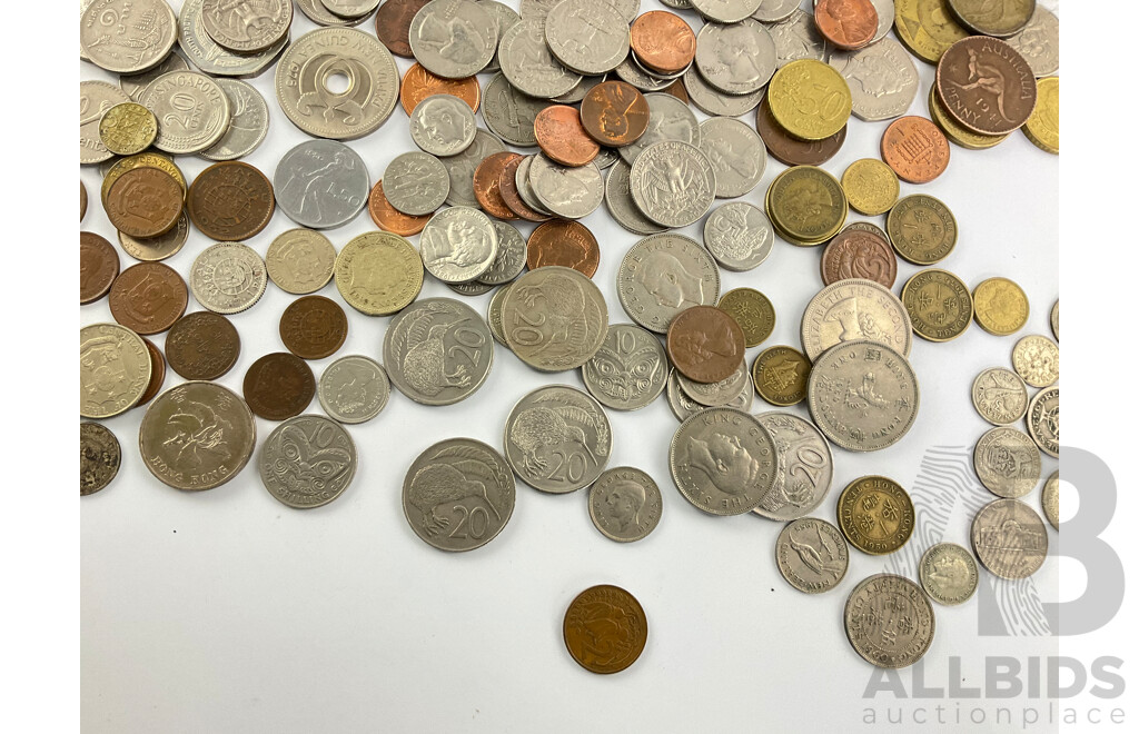 Collection of International Coins Including Hong Kong, USA, Euro, PNG New Zealand, Some Silver Examples