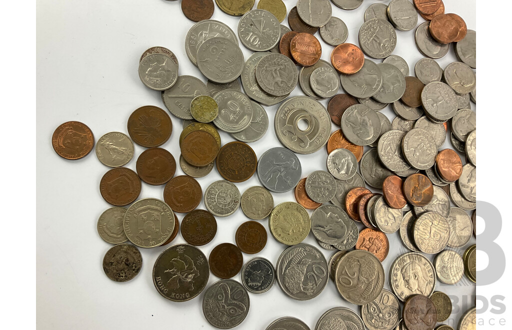 Collection of International Coins Including Hong Kong, USA, Euro, PNG New Zealand, Some Silver Examples