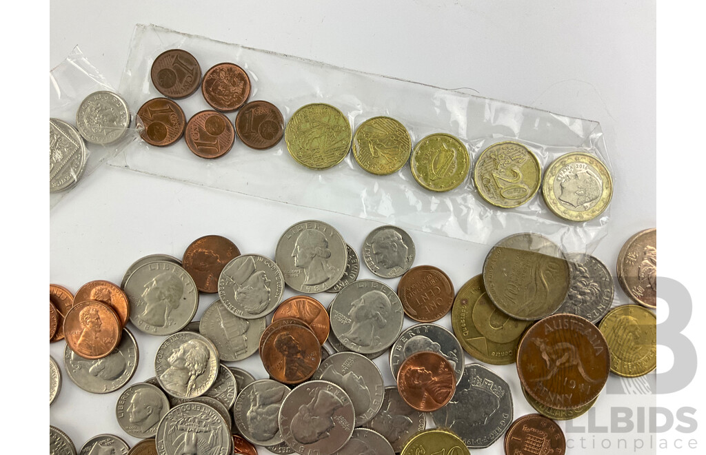 Collection of International Coins Including Hong Kong, USA, Euro, PNG New Zealand, Some Silver Examples