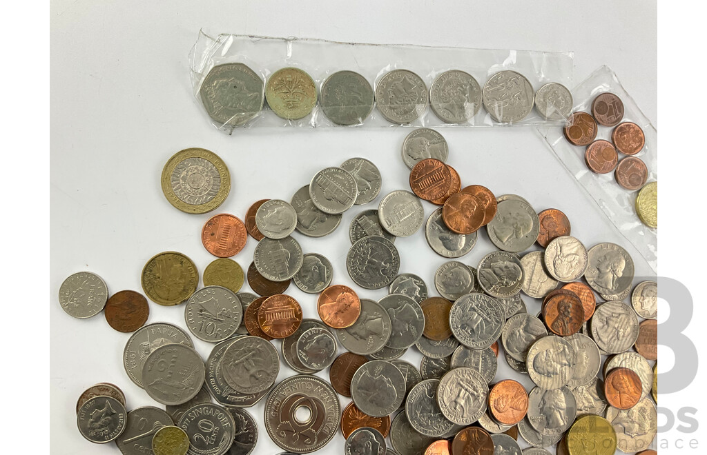 Collection of International Coins Including Hong Kong, USA, Euro, PNG New Zealand, Some Silver Examples