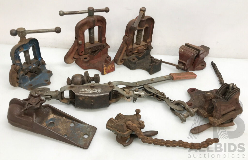 Assorted Vintage Vises, Pulley, and More