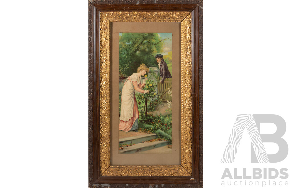 Eva Hollyer, (19th Century, British, 1865-1948; Active 1891-1898), Couple Meeting in Garden, Antique Colour Lithoprint of Original, 77 x 47 cm (frame)