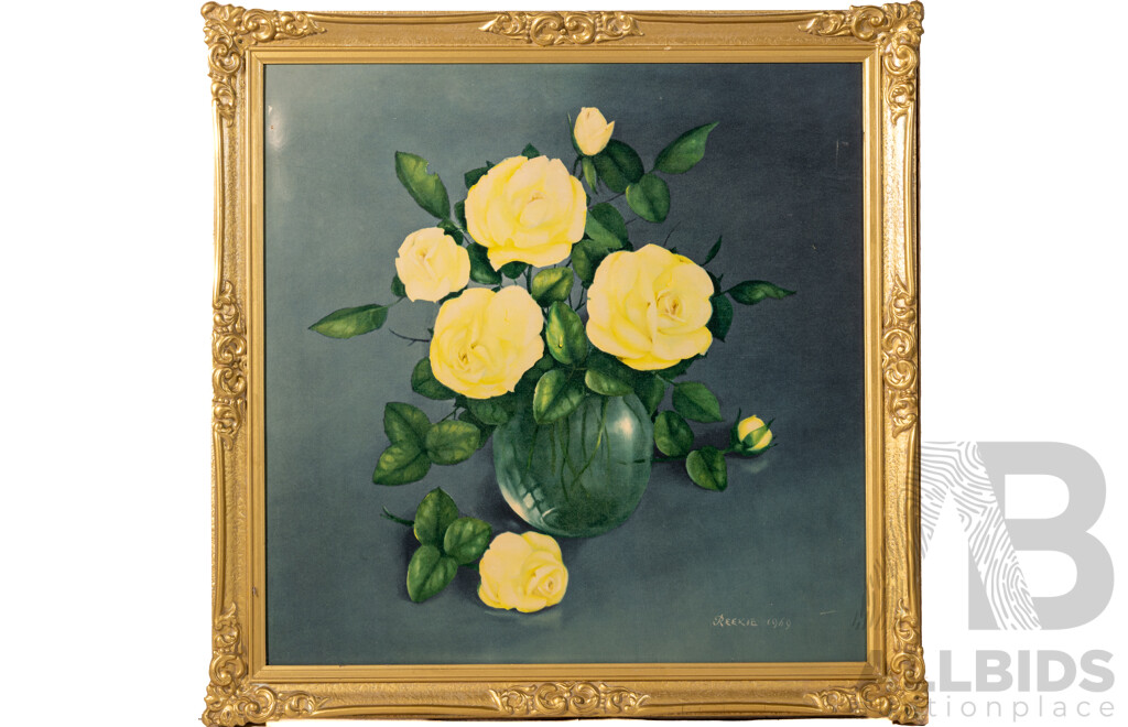George Reekie, (20th Century, Scottish, 1911-1969), Yellow Roses (1969), Vintage Reproduction Colour Framed Print of Original Oil, 59 x 59 cm (frame)
