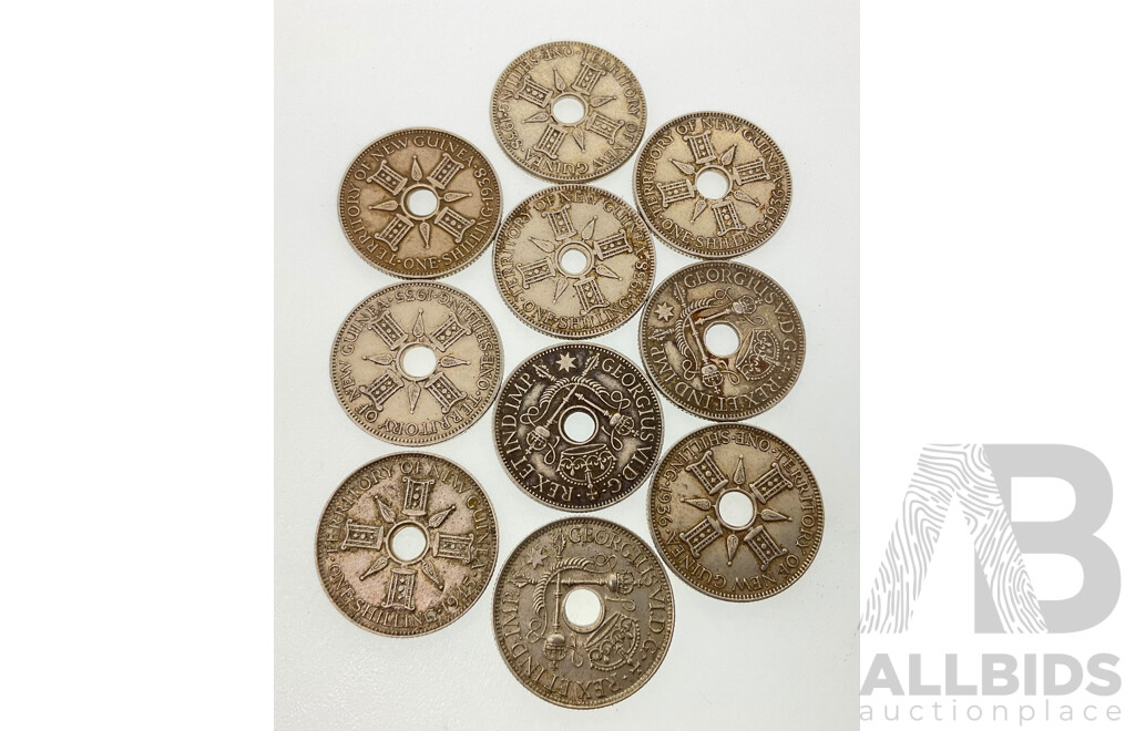 Ten Territory of New Guinea Silver Shillings, Examples Spanning 1935 to 1945 .925