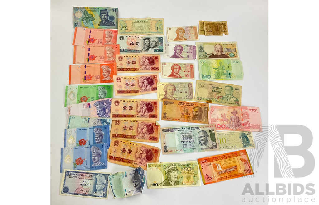 Collection of Vintage International Banknotes Including Croatia, India, Indonesia, Italy, Thailand, Poland, China, Malaysia