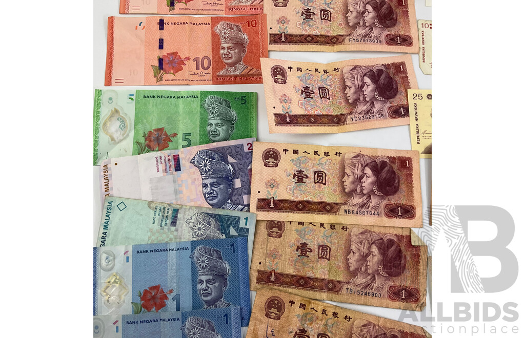 Collection of Vintage International Banknotes Including Croatia, India, Indonesia, Italy, Thailand, Poland, China, Malaysia