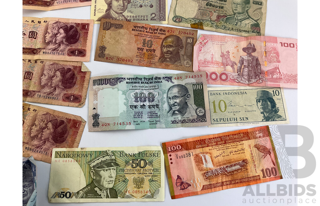 Collection of Vintage International Banknotes Including Croatia, India, Indonesia, Italy, Thailand, Poland, China, Malaysia