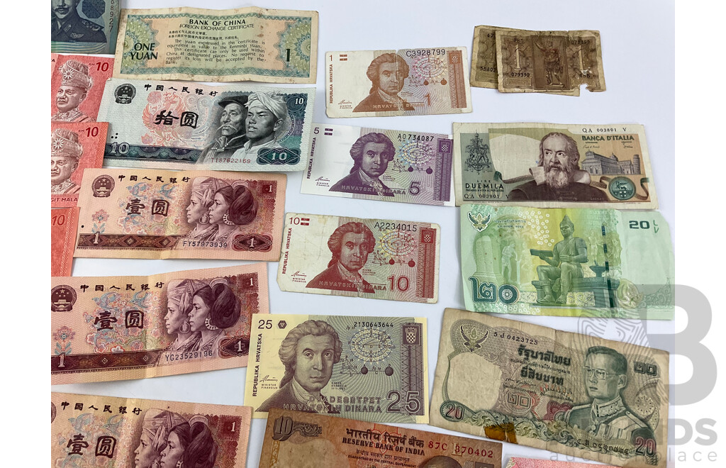 Collection of Vintage International Banknotes Including Croatia, India, Indonesia, Italy, Thailand, Poland, China, Malaysia