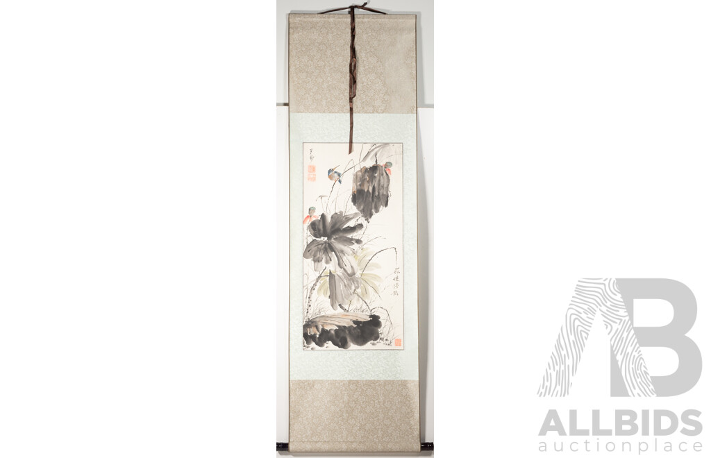 Artist Unknown, (20th Century, Chinese School), Lotus Blossoms with Bird [Love in the Lotus Pond], Ink & Wash on Rice Paper Panel, 145 x 43.5 cm (scroll)