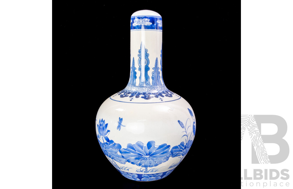 Vintage Chinese Hand Painted Porcelain Vase with Blue and White Lotus Motif