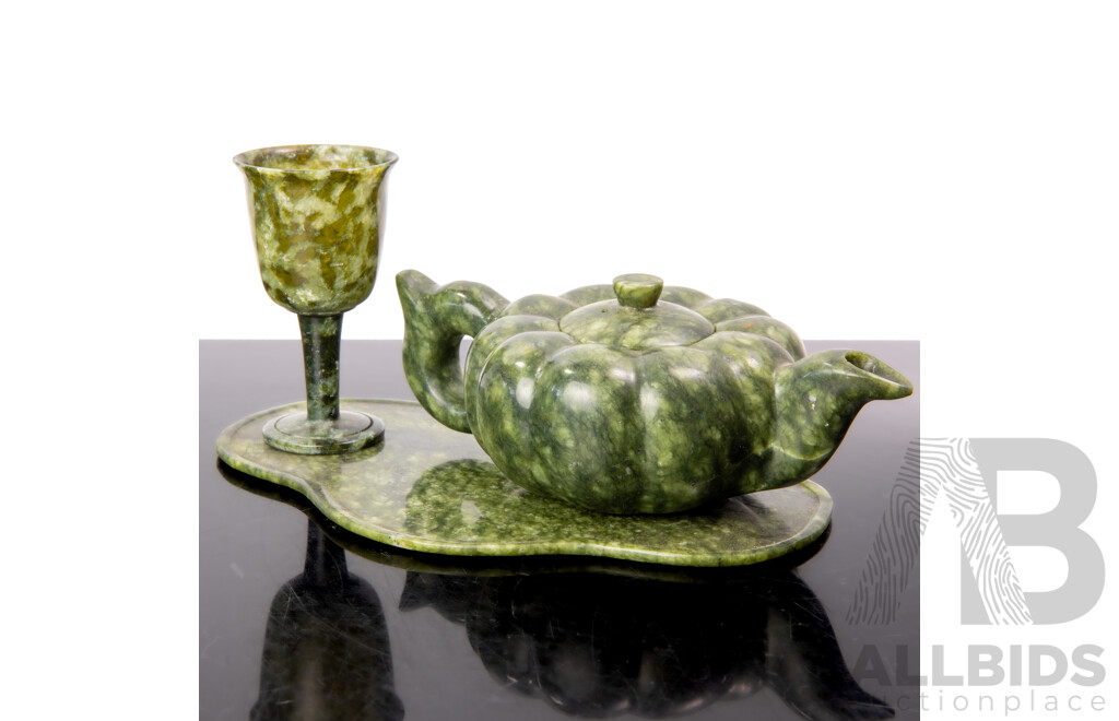 Vintage Chinese Green Soft Stone Gourd Form Lidded Teapot with Goblet and Tray