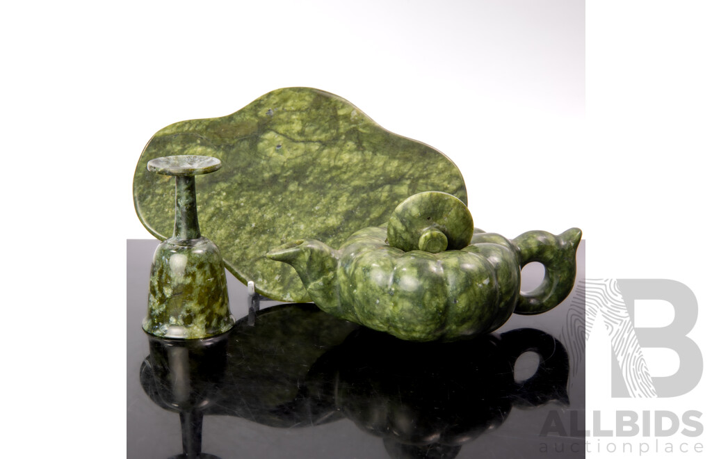Vintage Chinese Green Soft Stone Gourd Form Lidded Teapot with Goblet and Tray