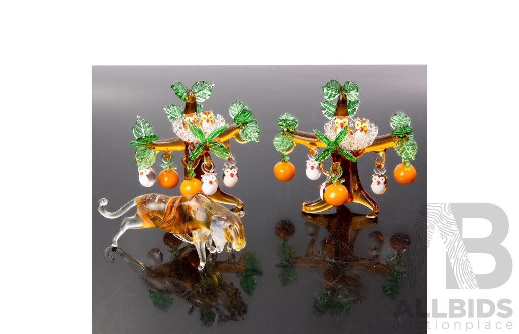 Pair Art Glass Orange Tree with Hanging Fruit Along with Glass Big Cat Figure