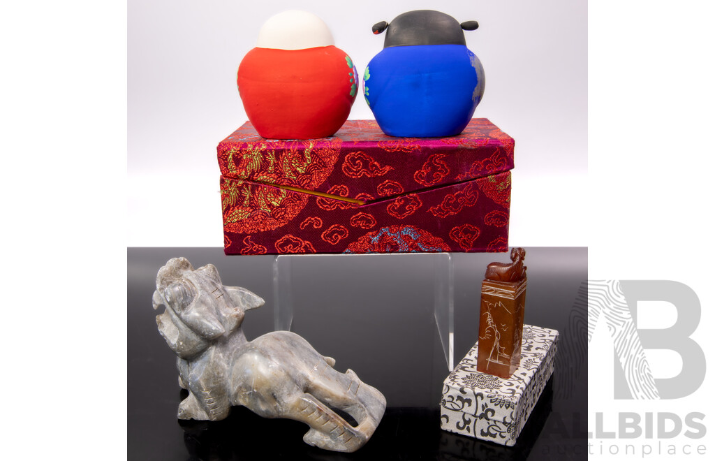 Collection Asian Items Comprising Carved Soft Stone Lion Dog, Soft Stone Seal in Box and Pair Chinese Huishan Clay Da Fu Dolls in Presentation Case