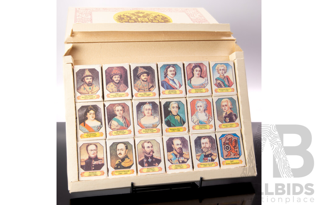 Retro Set 18 Matchboxes with Contents Depicting Russian Rulers in Original Cardboard Case