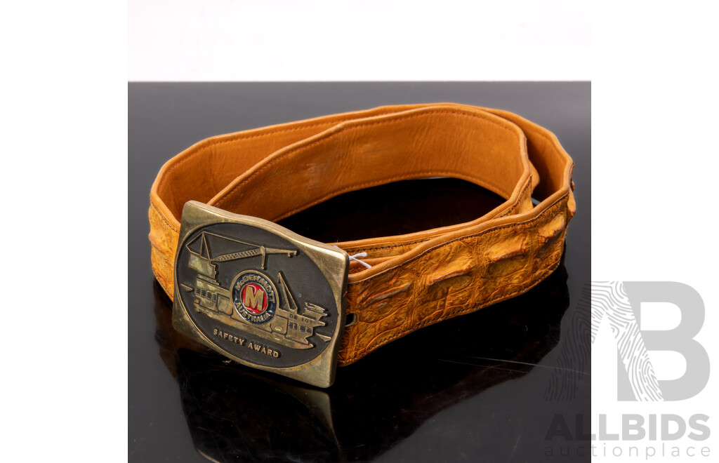 Crocodile Skin Belt with Brass Buckle by Amercortes Brass Works USA with McDermott Australia Safety Award to Front of Buckle