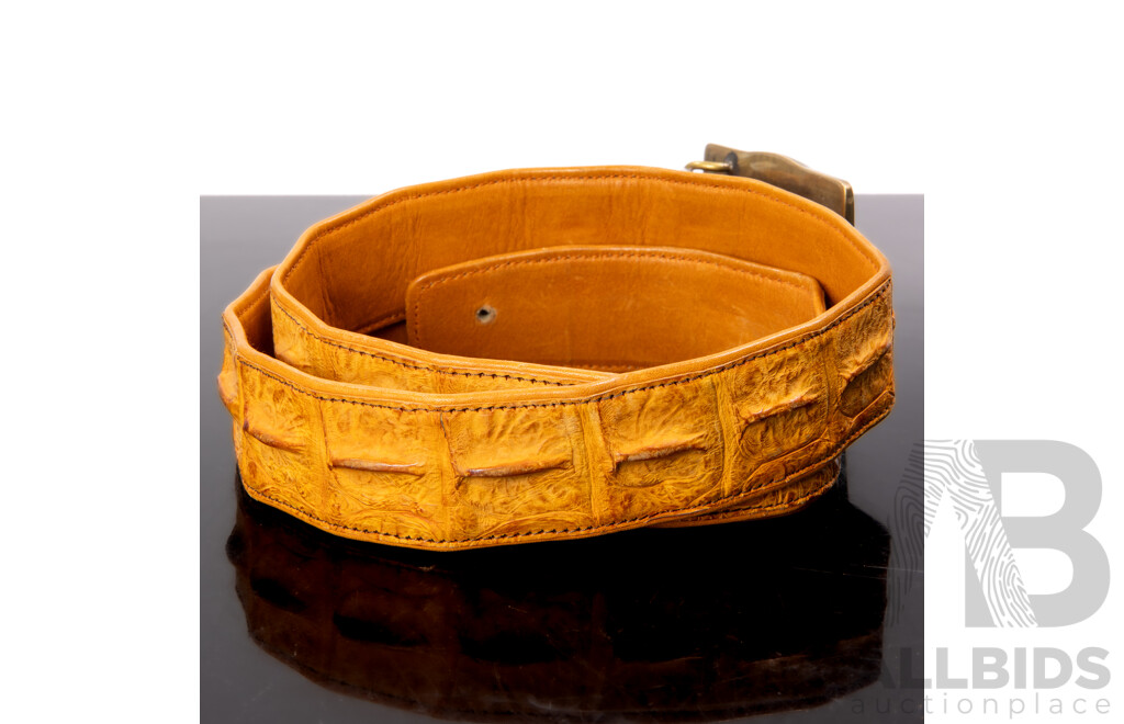 Crocodile Skin Belt with Brass Buckle by Amercortes Brass Works USA with McDermott Australia Safety Award to Front of Buckle