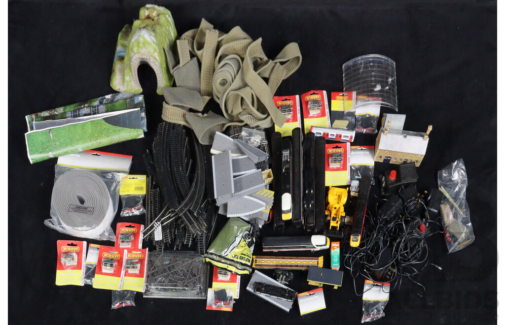 Collection of Hornby HO Scale Accessories Including Passenger Train, Freight Carriages, Track, Scenery Items, Electric Points